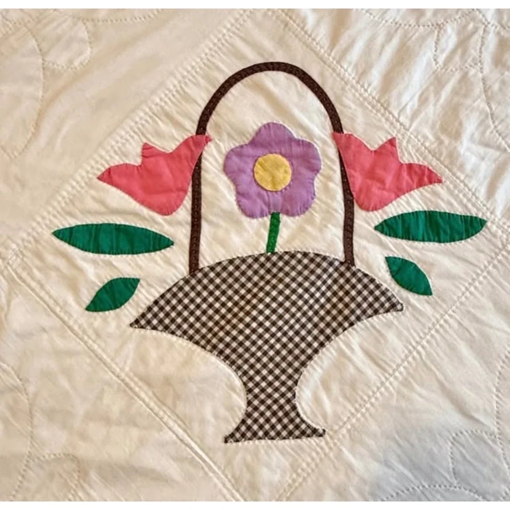 Vintage Hand Stitched Tulip Basket Appliqué Quilt Full Queen Cotton Wedding